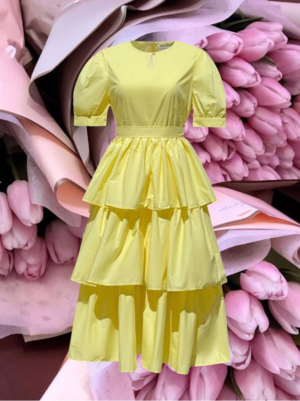MADELEINE SIMON STUDIO The Fibonacci Dress Tiered Skirt Puff Sleeves Yellow XS
